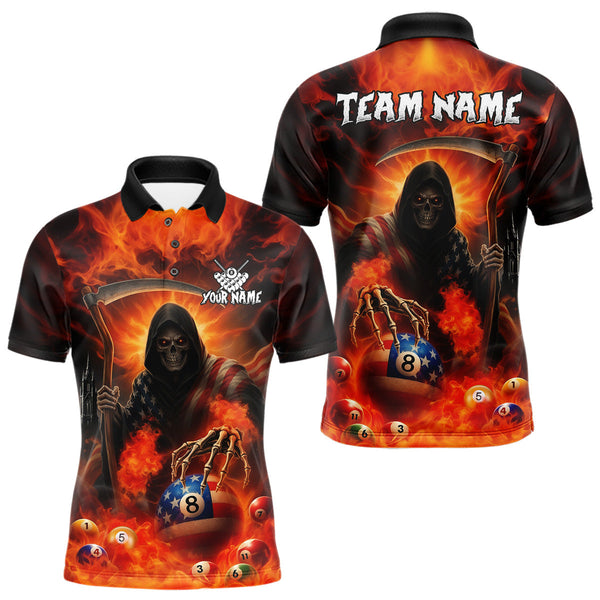 Maxcorners Orange Fire Flame US Flag Grim Reaper Men's Billiards Shirts Custom 8 Ball Pool Team Jersey MT0811