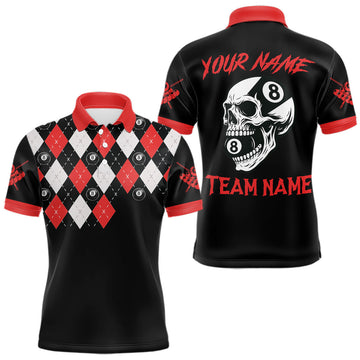 Maxcorners Personalized 8 Ball Pool Skull Argyle Pattern Men's Billiard Shirts, Billiard Team Jersey |Red LM0901
