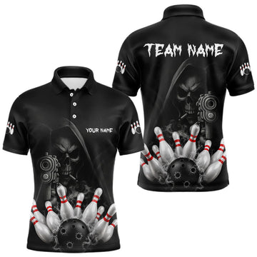 Maxcorners Funny Grim Reaper Smoke Bowling Shirts For Men Custom Black Bowling Team Jersey Polo, 1/4 Zip LM1307