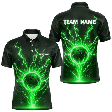 Maxcorners Green Lightning Thunder Bowling Polo, Quarter Zip Shirts For Men Custom Team Bowling Jersey LM0410