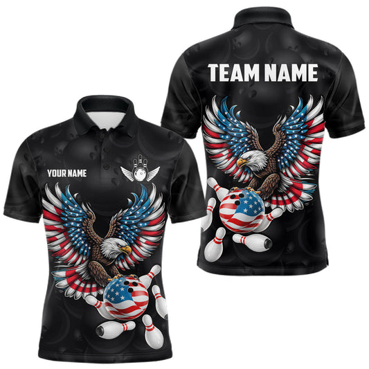 Personalized American Flag Eagle Bowling Polo & 1/4 Zip For Men, Patriotic Bowling Team Jersey
 LM1203