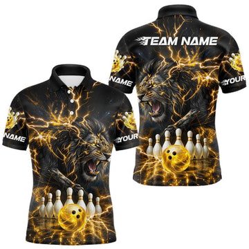 Maxcorners Custom Yellow Thunder Lightning Lion Bowling Shirt For Men, Bowling Team Jersey Polo & 1/4 Zip