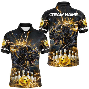 Maxcorners Yellow Thunder Lightning Custom Panther Bowling Shirt For Men, Bowling Team Jersey Polo & 1/4 Zip