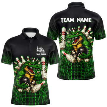 Maxcorners Black And Green Funny Alligator Bowling Shirt For Men Custom Bowling Jersey Team Polo & 1/4 Zip