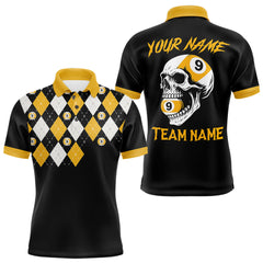 Maxcorners Personalized 9 Ball Skull Argyle Pattern Men's Billiard Shirts, 9 Ball Team Shirts Billiard Jersey TU2710