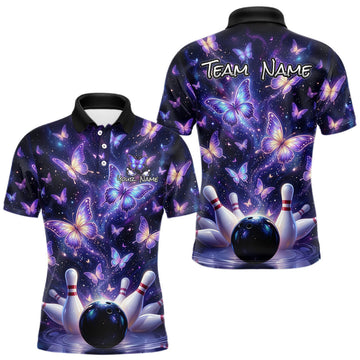 Maxcorners Custom Purple Butterfly Bowling Shirt For Men, Glowing Bowling Team Jersey Polo & 1/4 Zip LM2603