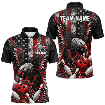 Maxcorners Custom Red Grunge American Flag Patriotic Eagle Bowling Shirt For Men, Retro Bowling Team Jersey LM0410