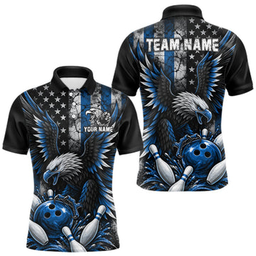 Maxcorners Custom Blue Grunge US Flag Patriotic Eagle Bowling Shirt For Men, Retro Bowling Team Jersey LM0410