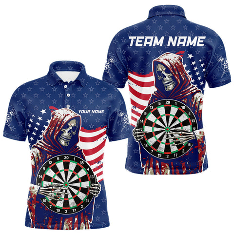 Maxcorners American Flag Grim Reaper Darts Shirt For Men Custom Patriotic Darts Jersey Team Polo & 1/4 Zip MT0111