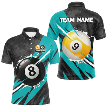 Maxcorners Black And Turquoise 8 Ball & 9 Ball Billiard Shirt For Men Custom Pool Jersey, Billiard Team Shirt LM2603