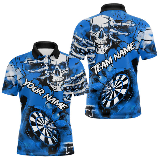 Maxcorners Personalized Blue Grunge Skull Darts Shirt For Men Custom Darts Team Jersey Polo & Quarter Zip LM2603