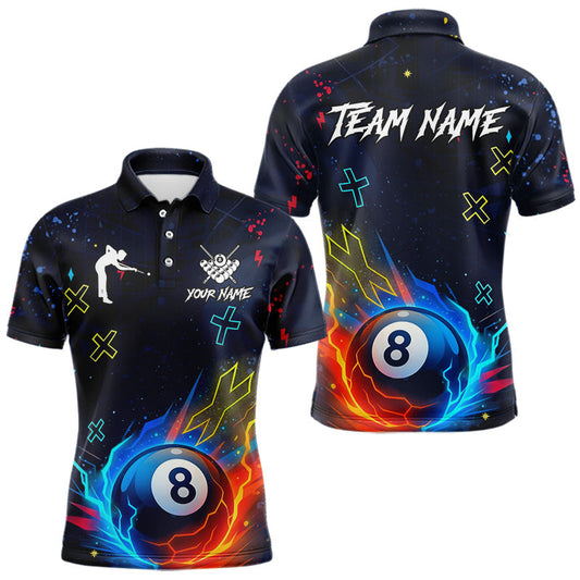 Maxcorners Funny Neon 8 Ball Billiard Shirt For Men Custom Navy Blue Pool Team Shirt Polo & 1/4 Zip