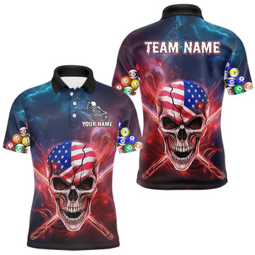 Maxcorners US Flag Patriotic Skull Men's Billiard Shirt Custom Pool Team Shirt Billiard Jersey Polo & 1/4 Zip LM2603