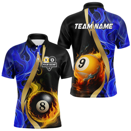Maxcorners Blue 8 Ball & 9 Ball Fire Flame Billiard Shirt For Men Custom Pool Team Shirts, Billiard Jersey LM2711