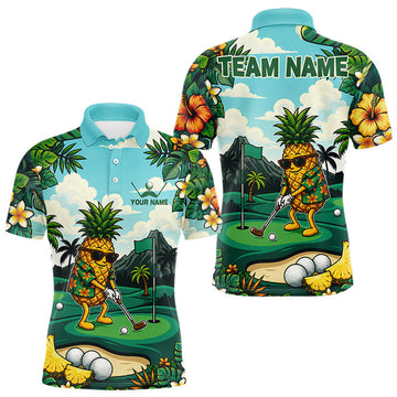 Maxcorners Funny Pineapple Golfer Mens Monstera Tropical Polo Shirts Custom Golf Team Outfits Golf Gifts LM0208