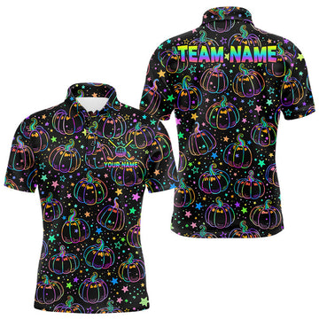 Maxcorners Rainbow Holographic Pumpkin Golf Polo Shirt Custom Halloween Golf Team Attire For Men LM0208