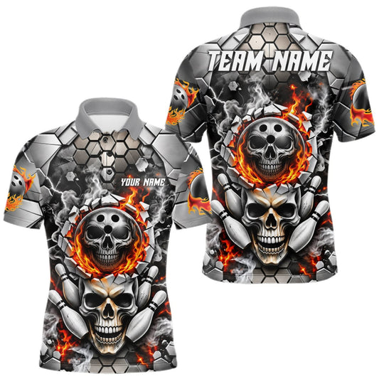 Maxcorners Red Flames Skull Bowling Ball Pins Polo 1/4-Zip Shirt For Men Custom Skull Bowling Tournament Jersey LM0510