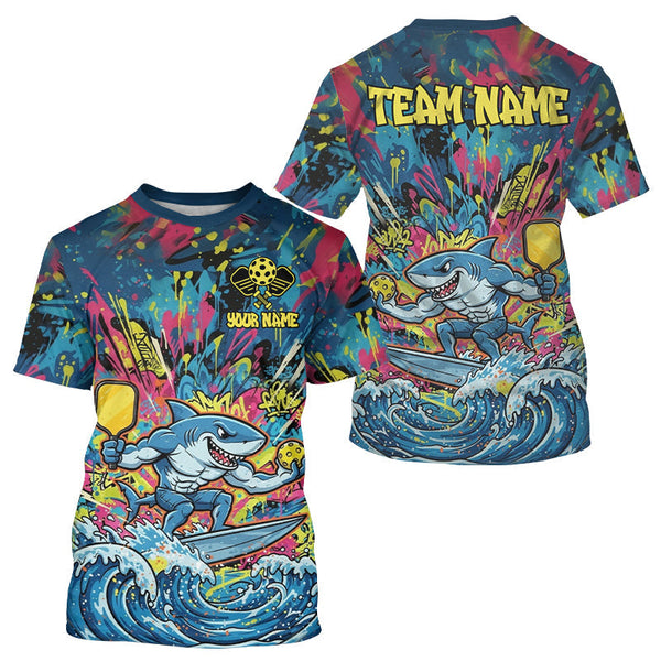 Maxcorners Funny Shark Graffiti Plays Pickle Custom Men's Pickleball T-Shirt Pickleball Team Gifts MT0811