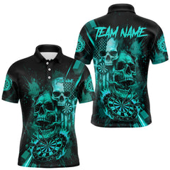Maxcorners Custom Turquoise Smokes Grunge Skull Men Darts Polo Shirt US Flag Skull Dart League Jerseys TU0212