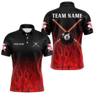 Maxcorners Red Flames 8 Ball Pool Team Shirts Men Billiard Polo & 1/4-Zip Custom Billiard Balls & Cue Gifts LM1904