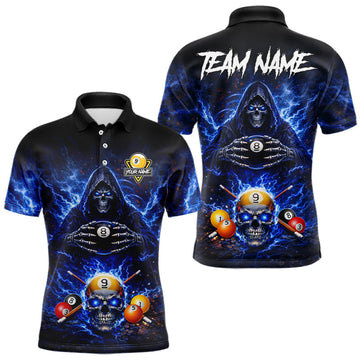 Maxcorners Blue Flames Grim Reaper Pool 8 Ball & 9 Ball Billiard Shirt For Men Custom Billiard Team Jerseys LM0402
