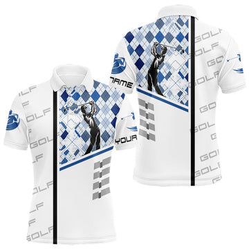 Maxcorners Custom Name Blue Argyle Pattern Mens Polo Shirt, White Golf Jersey Best Argyle Golf Gifts LM0404