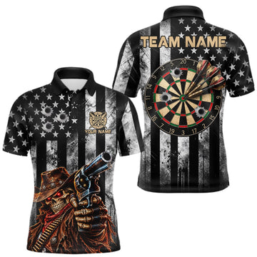 Maxcorners Funny Gun Cowboy Skeleton Darts Polo 1/4-Zip Shirt For Men Custom Patriotic Darts Tournament Jersey LM0510