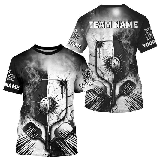 Maxcorners Custom Black White Pickleball Ball League Jerseys Grunge Pickleball Paddle Shirts For Men LM0412