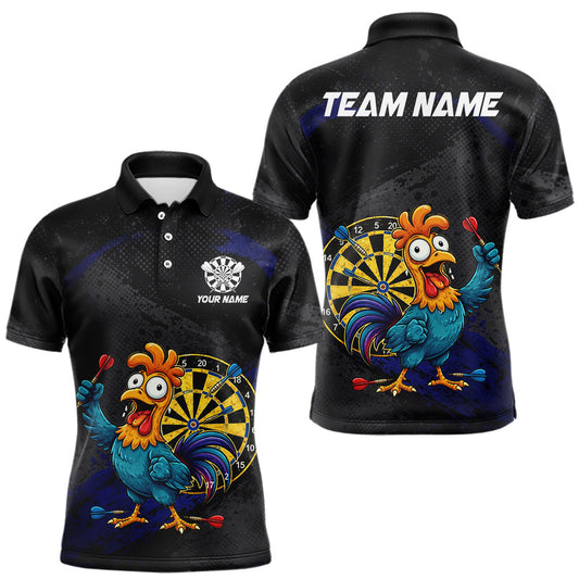 Maxcorners Colorful Rooster Funny Men Darts Polo & 1/4 Zip Shirt Custom Grunge Blue Dart Attire For Darters LM0404