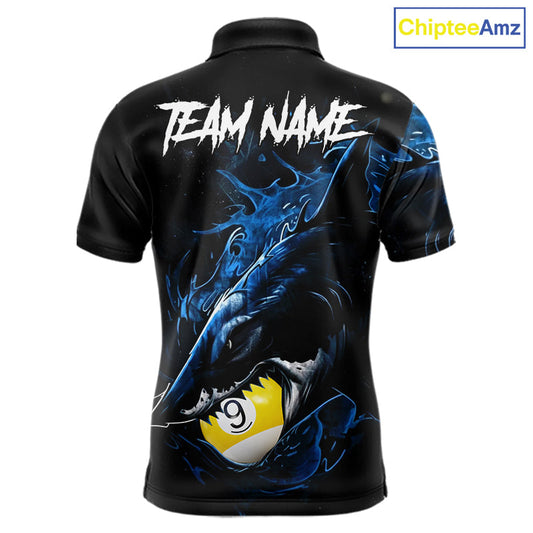 Maxcorners Funny Shark 8 Ball & 9 Ball Pool Polo 1/4-Zip Shirts For Men Custom Billiard Team Jerseys | Blue LM0607