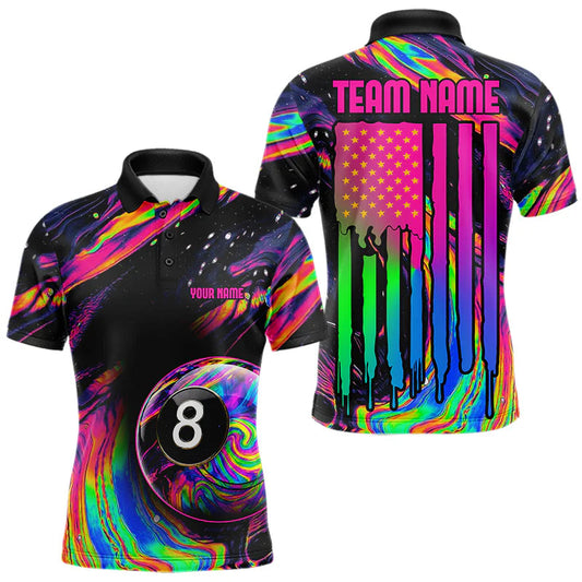 Maxcorners Colorful Holographic 8 Ball Pool Polo 1/4-Zip Shirt For Men Custom Billiard Team Tournament Jersey LM0607