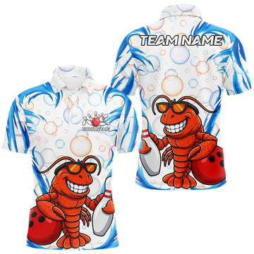 Maxcorners White & Blue Bubbles Funny Lobster Bowling Polo Quarter-Zip Shirt For Men Custom Bowling Team Shirt
