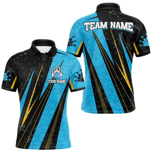 Maxcorners Black, Yellow And Blue Camo Bowling Polo 1/4 Zip Shirts Custom Team Bowling Jerseys For Men LM0510