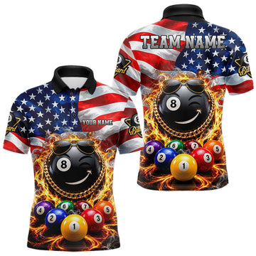 Maxcorners Flame Funny 8 Ball Pool Shirt For Men Custom US Flag Patriotic Billiard Tournament Shirt