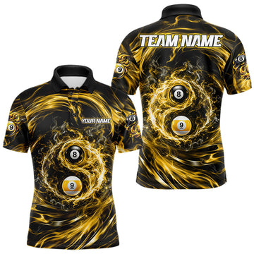 Maxcorners Custom Yellow Fire 8 Ball 9 Ball Billiard Polo 1/4-Zip Shirt For Men Yin-Yang Billiard Team Jersey