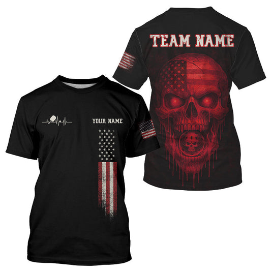 Maxcorners Custom Red Grunge Skull Pickleball Ball League Jerseys For Men US Flag Pickleball Shirts