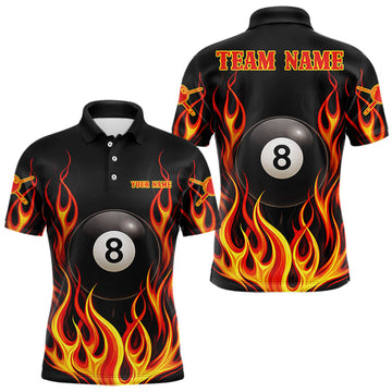 Maxcorners Personalized 8 Ball Fire Flame Pool Billiard Polo & 1/4 Zip For Men Custom Flame Billiard Team Attire LM0404