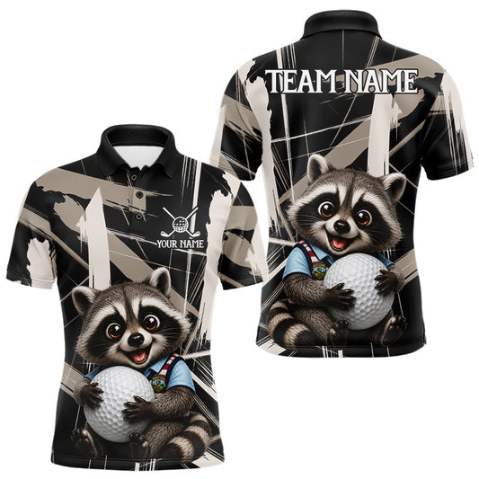 Maxcorners Mens Funny Cute Raccoon Golf Polo Shirts Custom Beige & Cream Brush Golf Team Outfit, Golf Gifts