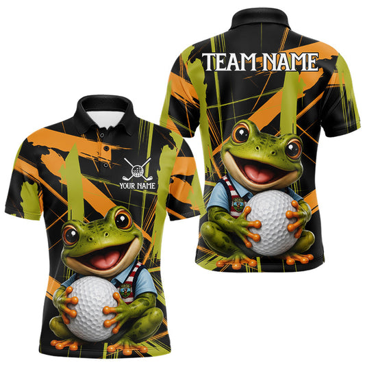 Maxcorners Mens Funny Cute Frog Golf Polo Shirts Custom Yellow & Green Brush Golf Team Outfit, Golf Gifts