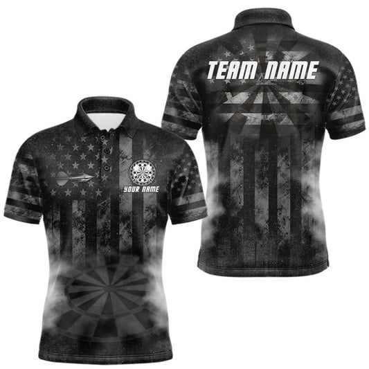Maxcorners Black Smokes Darts Polo Quarter-Zip Shirts For Men Custom US Flag Patriotic Dart Team Tournament Jersey LM0609