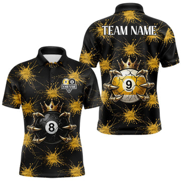 Maxcorners Yellow Splatter Pattern 8 Ball & 9 Ball Billiard Shirts For Men Custom Skull Gold Crown Pool Team Jersey LM0609