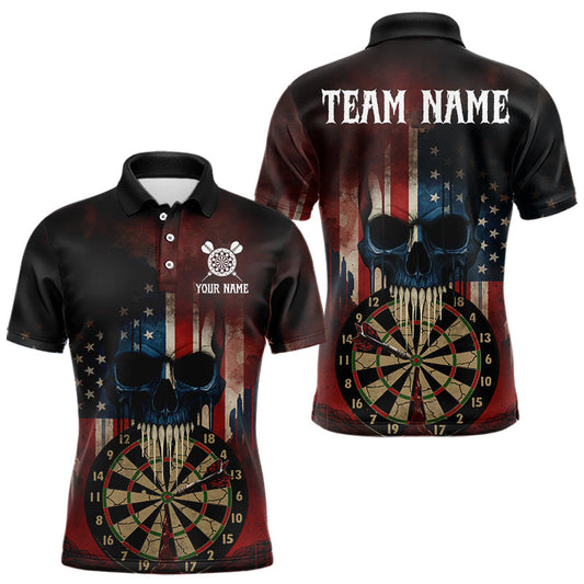 Maxcorners Custom Grunge US Flag Skull Dartboard Men Darts Polo Shirt Outfits Patriotic Dart Jerseys LM2603