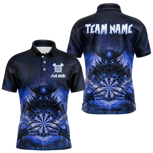 Maxcorners Custom Blue Flames Skeleton Grunge Dartboard Men Darts Polo Shirt Horror Dart Jerseys LM2603