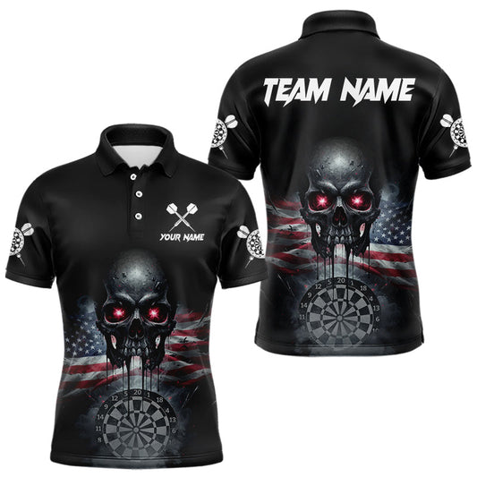 Maxcorners Custom Smoke US Flag Black Dripping Skull Men Darts Polo Shirt Patriotic Dart Jerseys LM2603