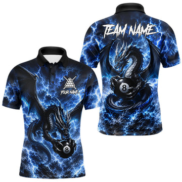 Maxcorners Blue Thunder Dragon 8 Ball Pool Shirt For Men Custom Dragon Billiard Team Polo & 1/4 Zip Jersey