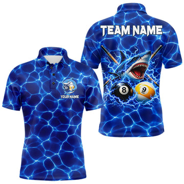Maxcorners Funny Shark Billiard Polo 1/4-Zip Shirt For Men Custom 8 Ball 9 Ball Thunder Billiard Tournament Jersey