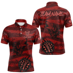 Maxcorners Custom Red Grunge Wolf Torn Dartboard Men Darts Polo Shirt Wolf Dart League Jerseys