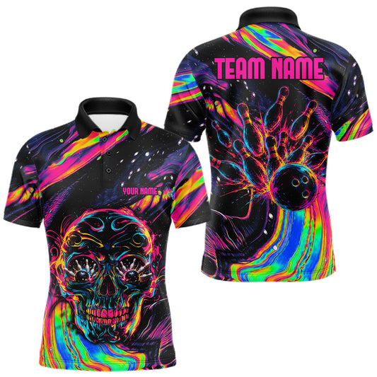 Maxcorners Custom Skull Holographic Bowling Shirt Bowling Team League Colorful Splatter Bowling Shirt For Men LM1005