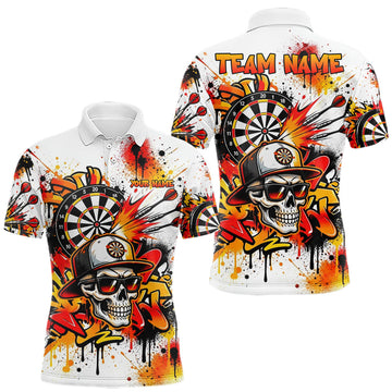 Maxcorners Splatter Skull Darts Polo 1/4-Zip Shirt For Men White And Orange Graffiti Darts Team Apparel Jersey