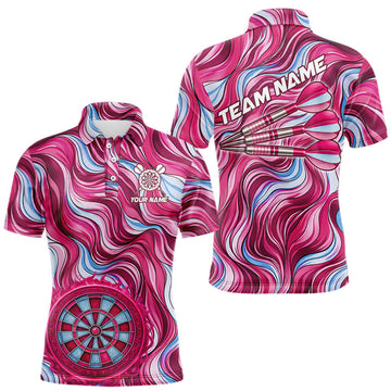 Custom Pink Blue Paint Dartboard & Arrow Polo & Quarter-Zip Shirt For Men Outfits Dart Jerseys LM1203